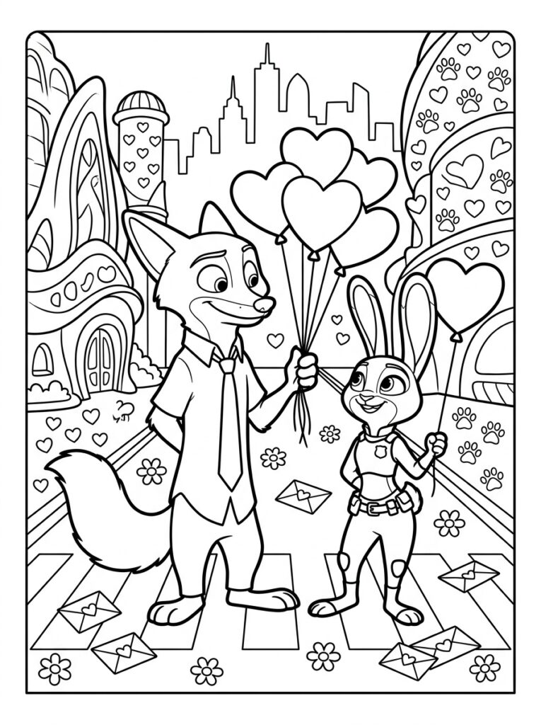 Zootopia Valentijn Kleurplaten (Gratis PDF Printables) 05 - gratis kleurplaat om te printen