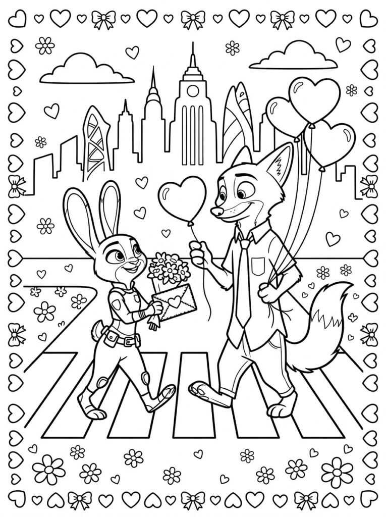Zootopia Valentijn Kleurplaten (Gratis PDF Printables) 06 - gratis kleurplaat om te printen