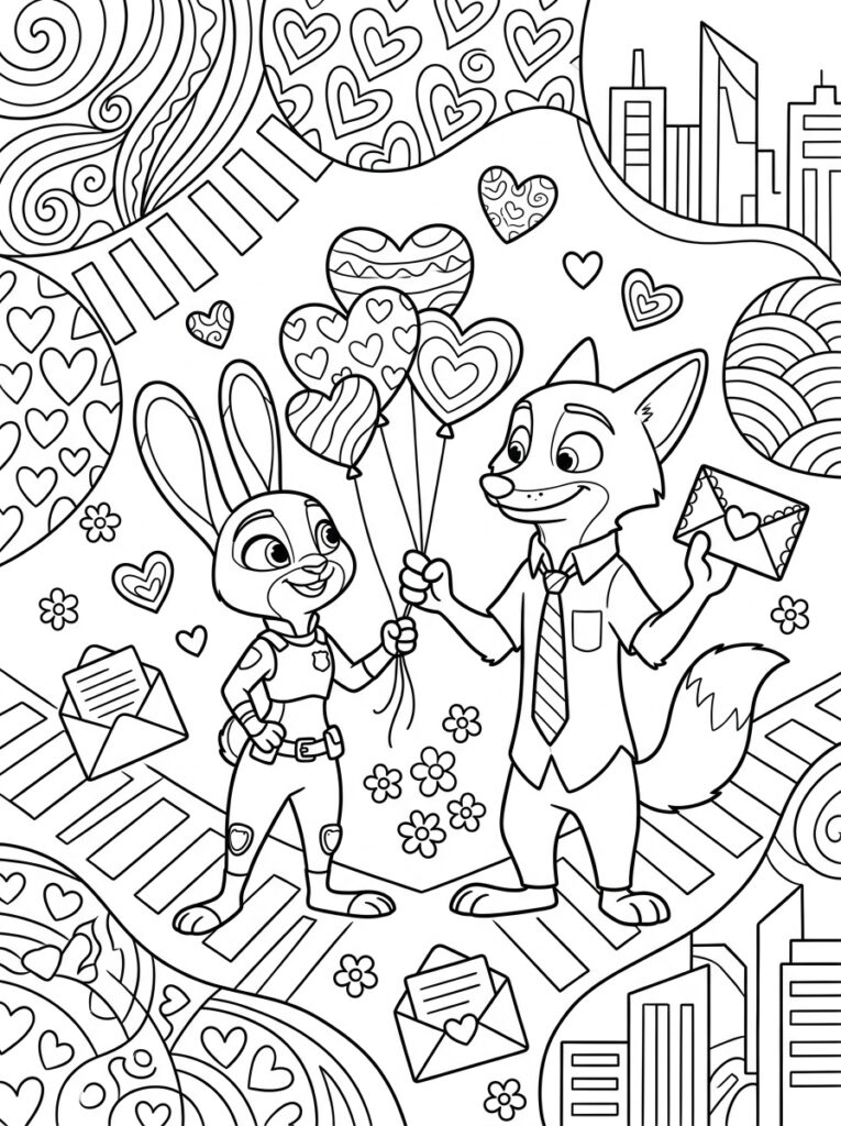 Zootopia Valentijn Kleurplaten (Gratis PDF Printables) 07 - gratis kleurplaat om te printen