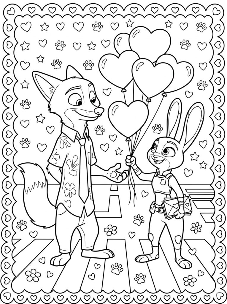 Zootopia Valentijn Kleurplaten (Gratis PDF Printables) 08 - gratis kleurplaat om te printen