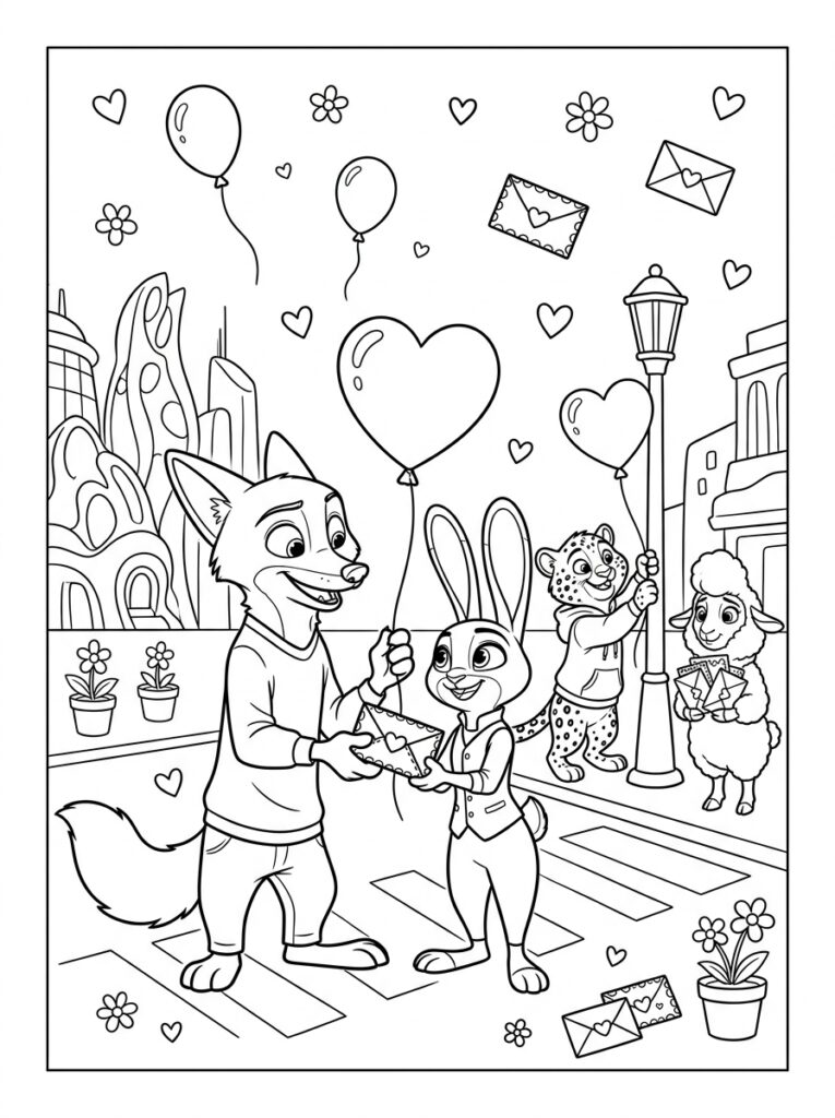 Zootopia Valentijn Kleurplaten (Gratis PDF Printables) 09 - gratis kleurplaat om te printen