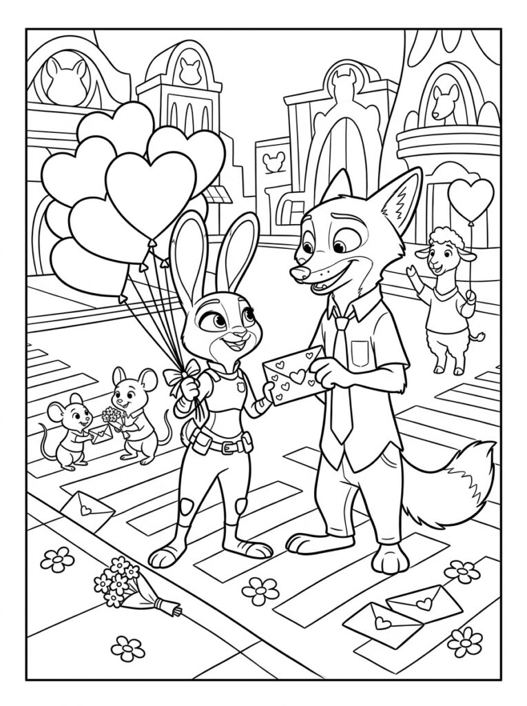 Zootopia Valentijn Kleurplaten (Gratis PDF Printables) 10 - gratis kleurplaat om te printen