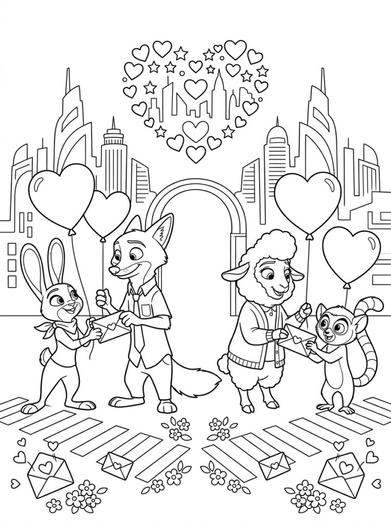 Zootopia Valentijn Kleurplaten (Gratis PDF Printables) 15 - gratis kleurplaat om te printen