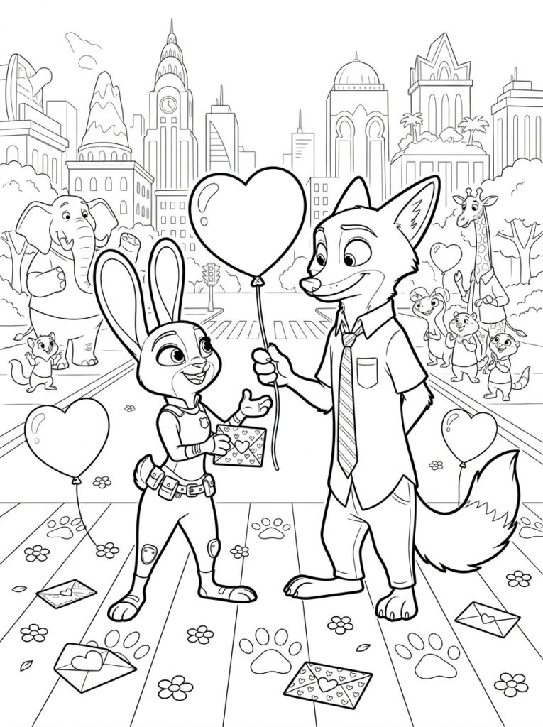 Zootopia Valentijn Kleurplaten (Gratis PDF Printables) 17 - gratis kleurplaat om te printen