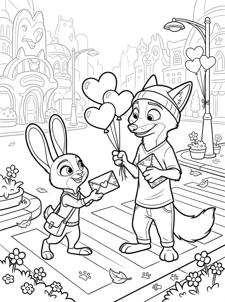 Zootopia Valentijn Kleurplaten (Gratis PDF Printables) 20 - gratis kleurplaat om te printen