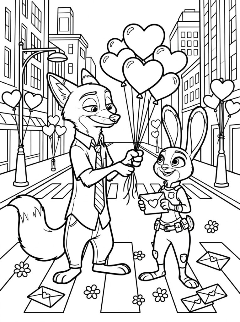 Zootopia Valentijn Kleurplaten (Gratis PDF Printables) 22 - gratis kleurplaat om te printen