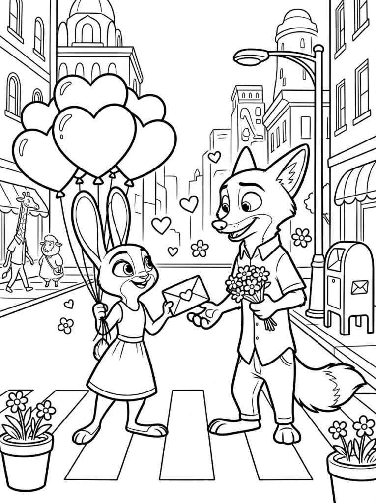 Zootopia Valentijn Kleurplaten (Gratis PDF Printables) 23 - gratis kleurplaat om te printen