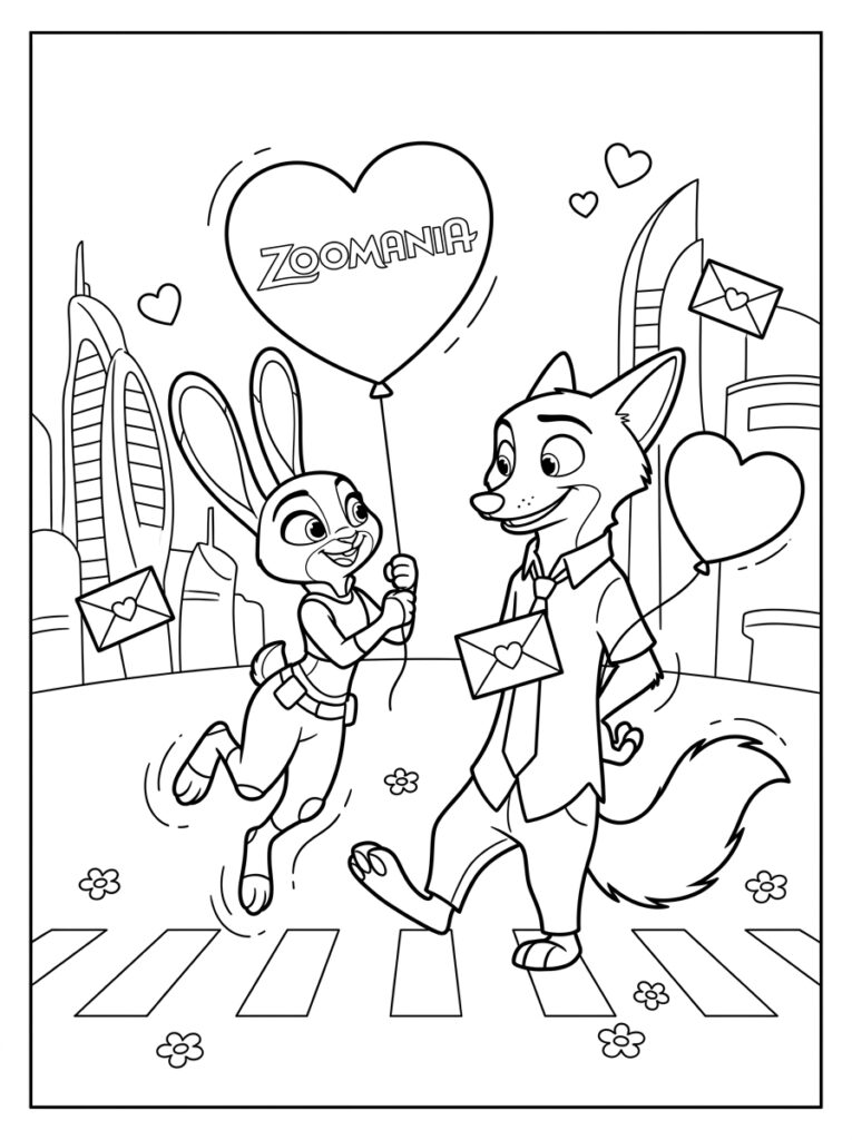 Zootopia Valentijn Kleurplaten (Gratis PDF Printables) 27 - gratis kleurplaat om te printen