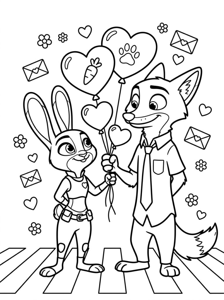 Zootopia Valentijn Kleurplaten (Gratis PDF Printables) 29 - gratis kleurplaat om te printen