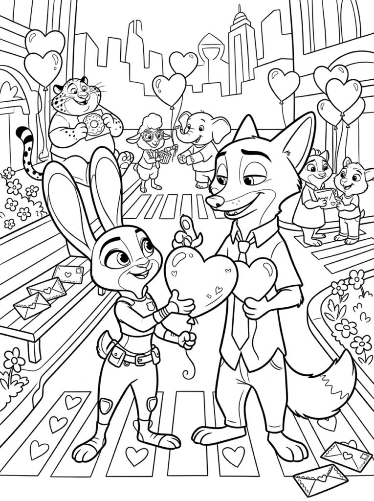 Zootopia Valentijn Kleurplaten (Gratis PDF Printables) 30 - gratis kleurplaat om te printen