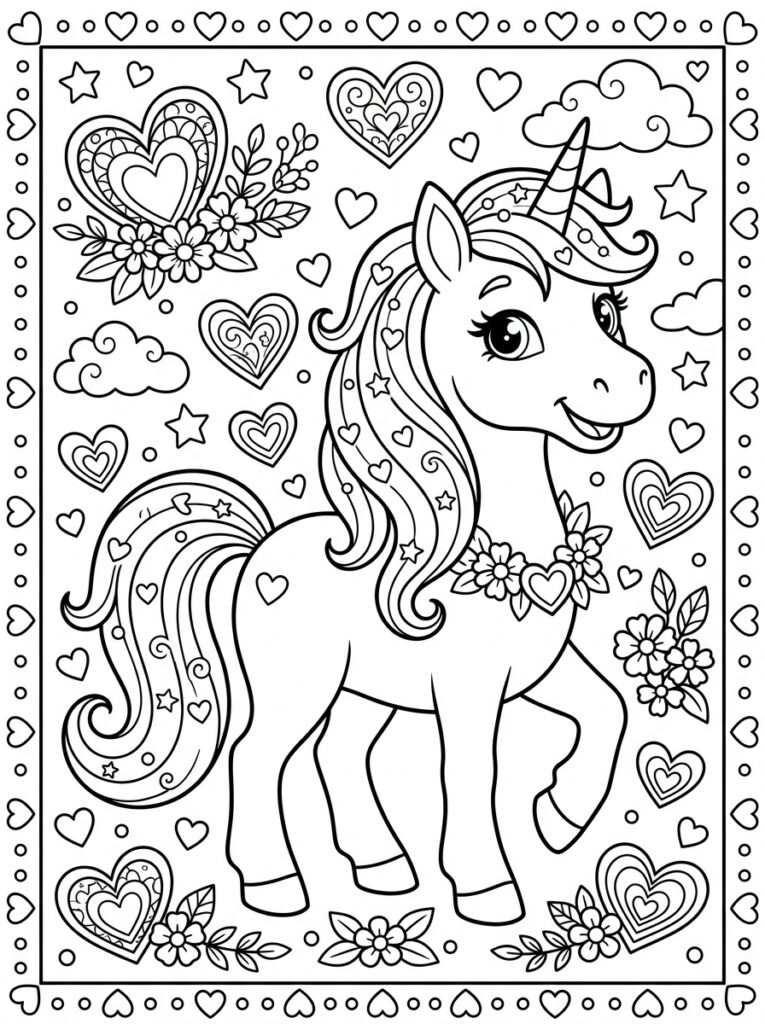 Unicorn Hartje Kleurplaten (Gratis PDF Printables) 02 - gratis kleurplaat om te printen