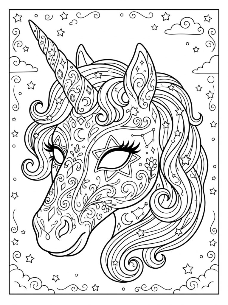 Unicorn Masker Kleurplaten (Gratis PDF Printables) 03 - gratis kleurplaat om te printen