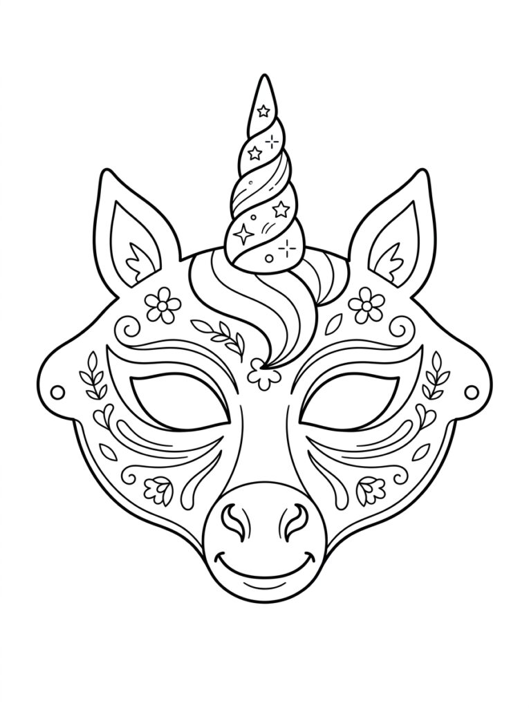 Unicorn Masker Kleurplaten (Gratis PDF Printables) 08 - gratis kleurplaat om te printen